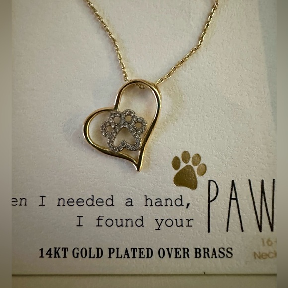 14k Gold Plated Paw Pendant Necklace with CZ Embellishment, NEW, 16.2” Long - Picture 2 of 4